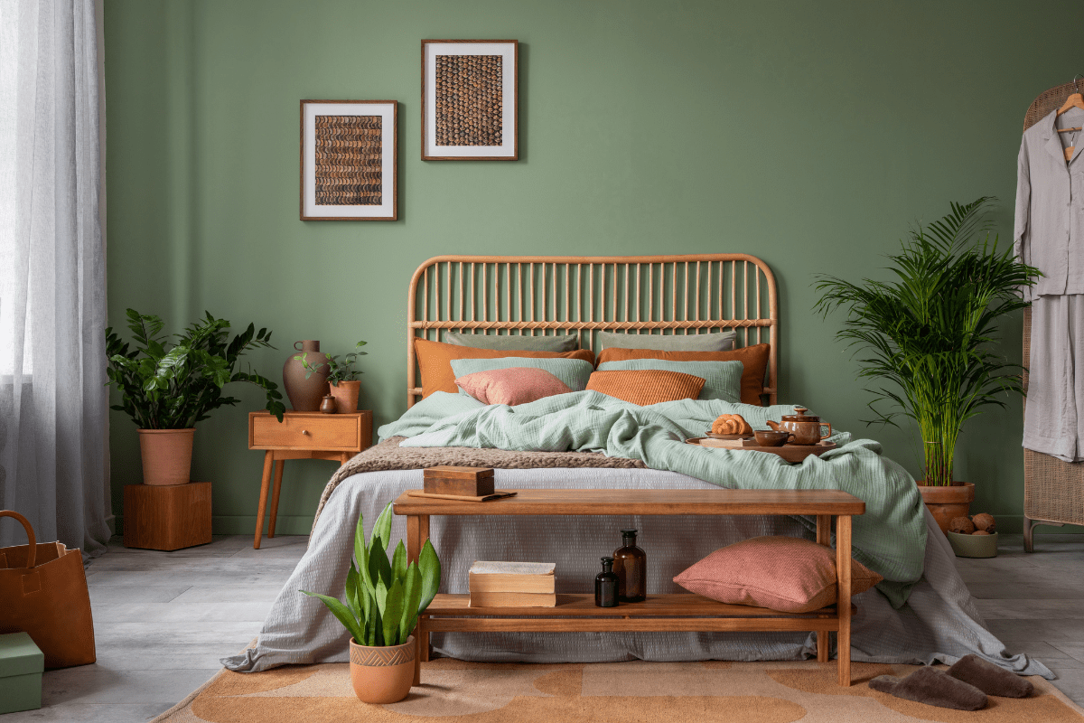 Bedroom w/ dark red walls, terracotta decor