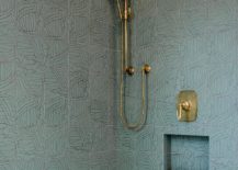 green and black stacked wall tiles brass wall mount shower kit