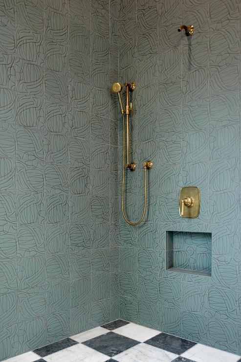green and black stacked wall tiles brass wall mount shower kit