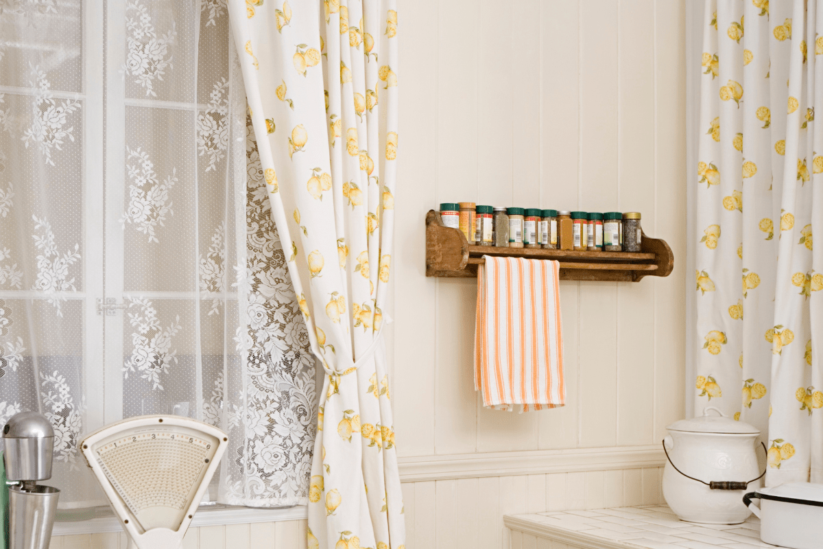 lace kitchen curtain with lemon curtain over top spice rack hanging on wall