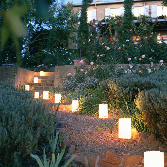 small lights lighting up a garden path at night