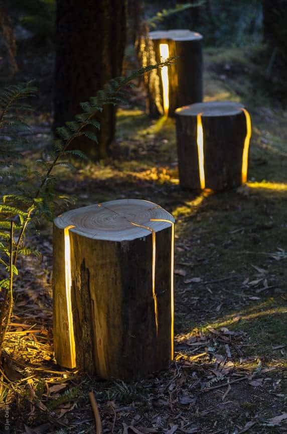 Landscape lighting within cracked lamps on pathway in garden lit up at night.