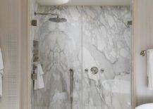 Marble subway tile floor in a walk in shower mixed with a marble slab shower wall adds a luxurious appeal to a master bathroom finished with a glass-enclosed door and nickel hardware