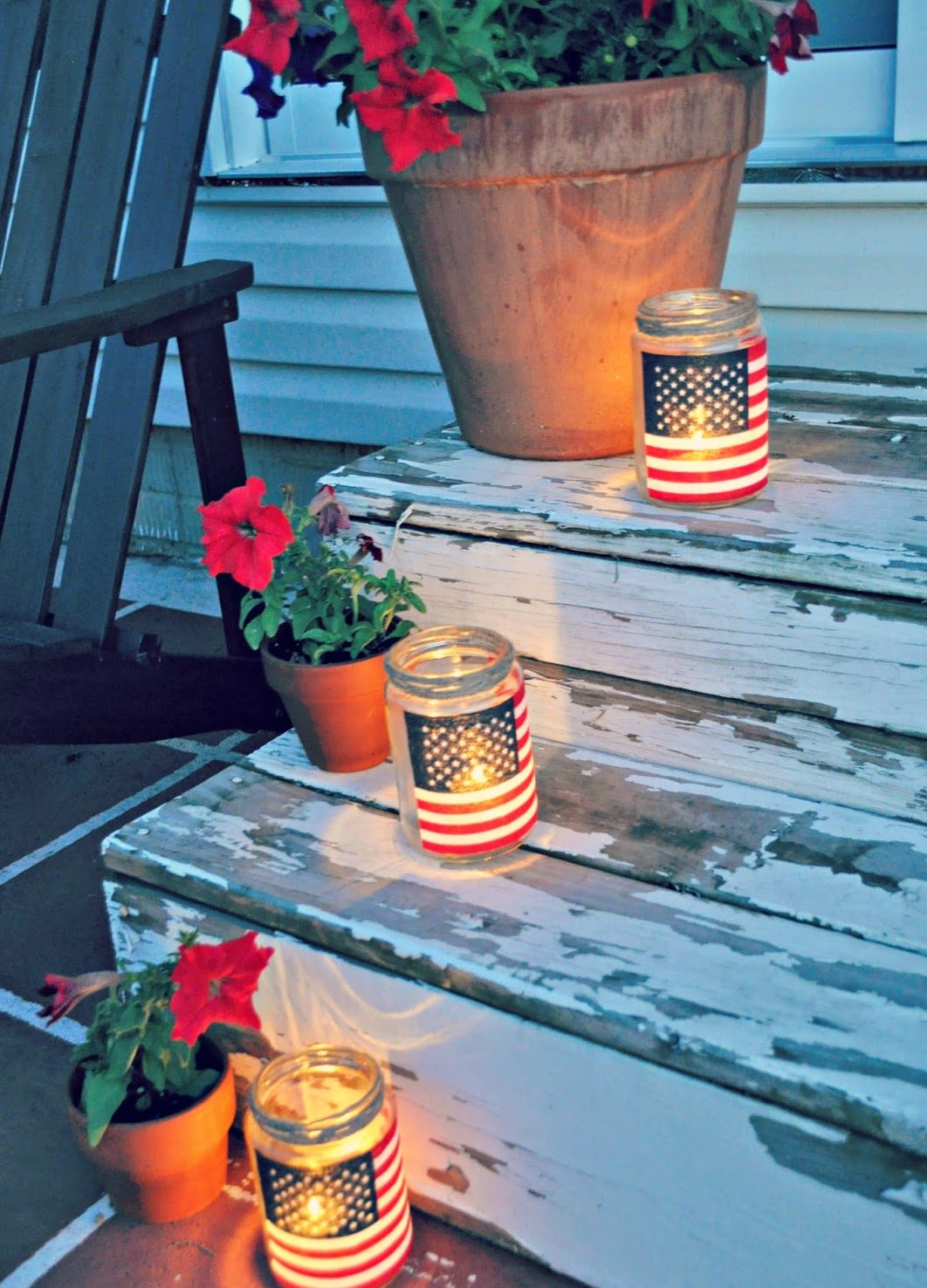 usa mason jar patriotic luminaries light up on steps at night flags pottery flower pots