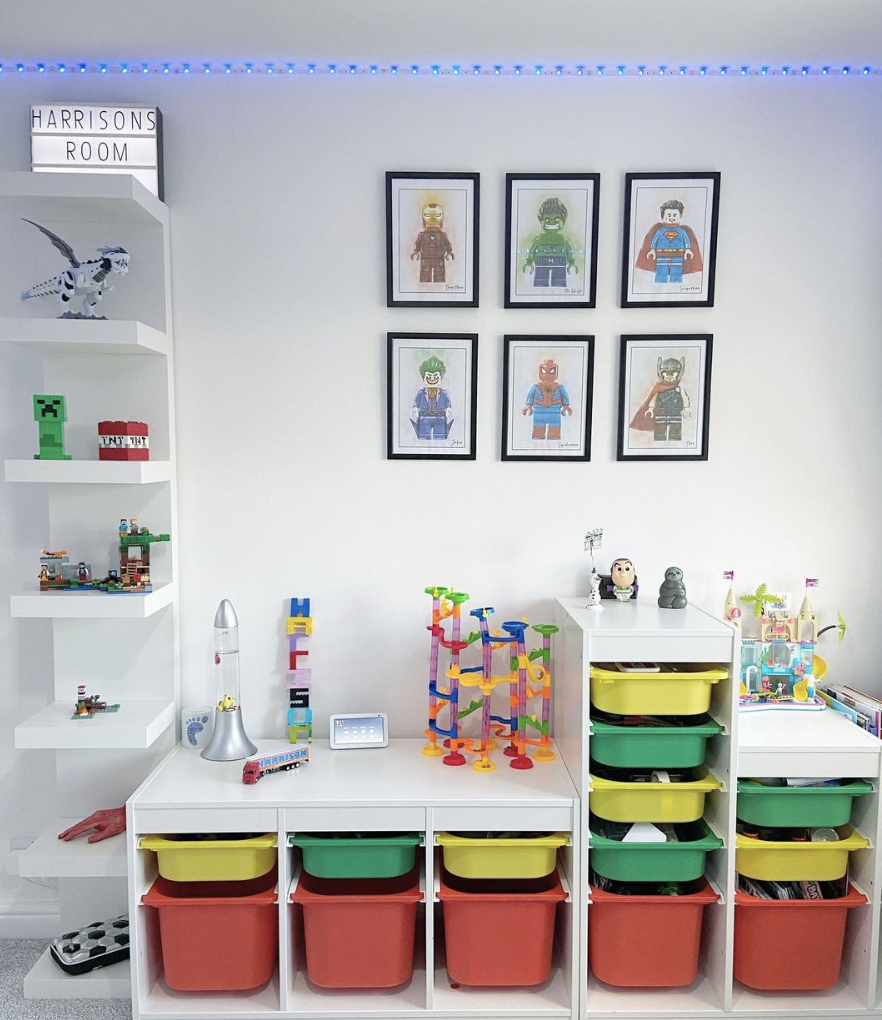ikea toy storage bins white shelving with lego men pictures on wall