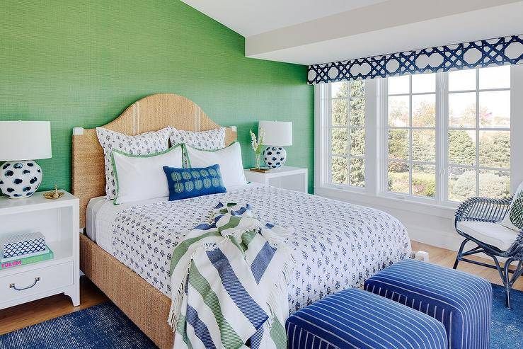 blue and green bedroom design with valance on window master bed with throw and ottomans two nightstands with lamps