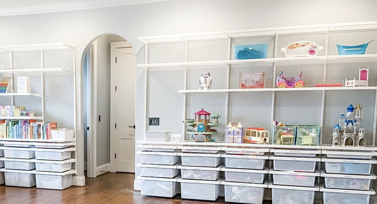 open shelving with lots of space kids toy storage baskets underneath