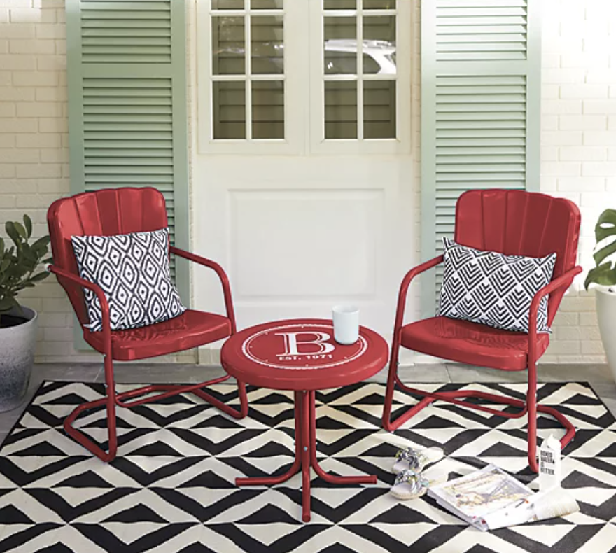 red retro patio furniture black and white outdoor carpet sage green shutters
