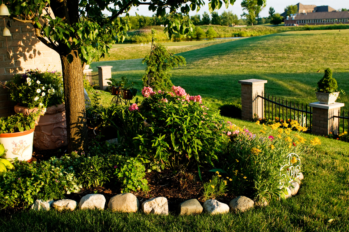 stone wall edging around garden with tree grass landscaping