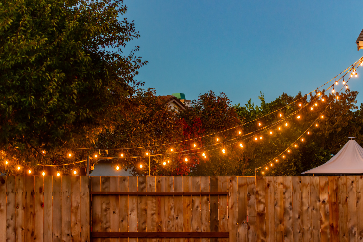 strings lights hanging from wood fence close up