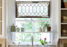 window in kitchen antique window decor shelf in middle of window farmhouse apron sink with silver faucet
