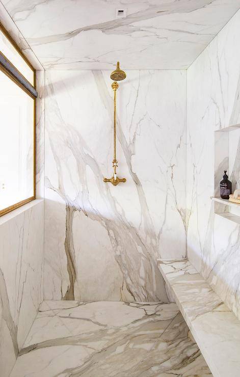 all marble walk in shower with gold faucet shower kit
