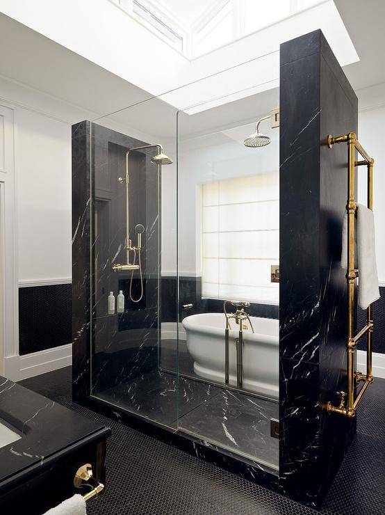 black marble gold hardware double shower heads glass doors