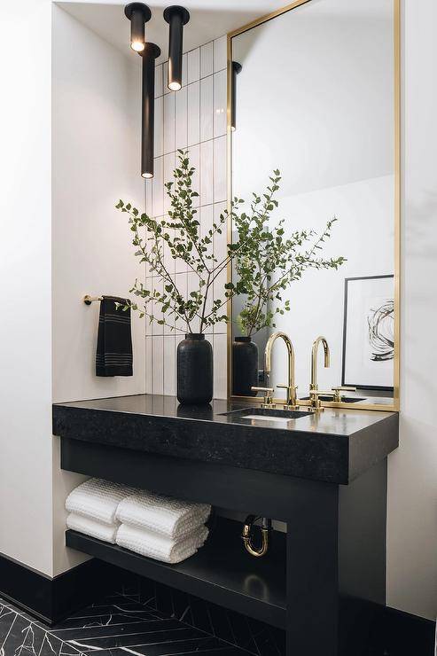 Brass Vanity Mirrors on Black Wall - Transitional - Bathroom