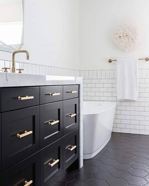 Brass and Black Marble Washstand with Brass Mirror - Transitional - Bathroom