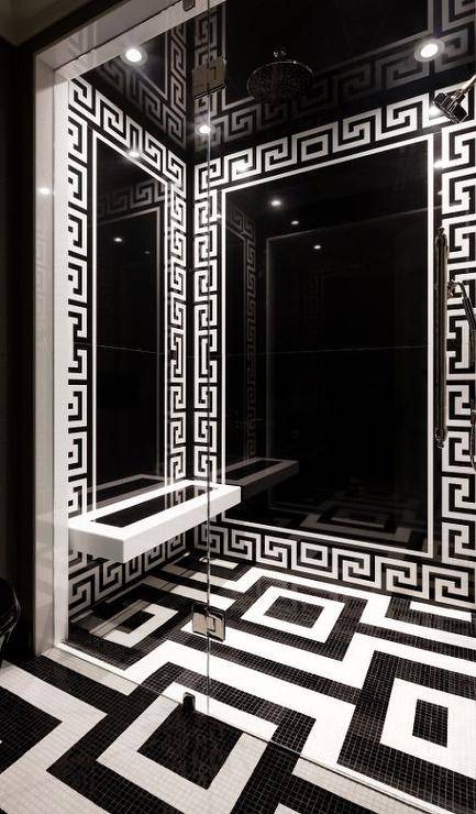 black and white tile walk in modern shower