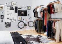 boys bedroom with open closet hanging rods unique gallery wall hanging bike black and white
