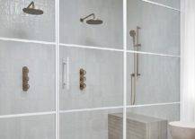 double rainfall shower head in walk in shower with glass white square frame door