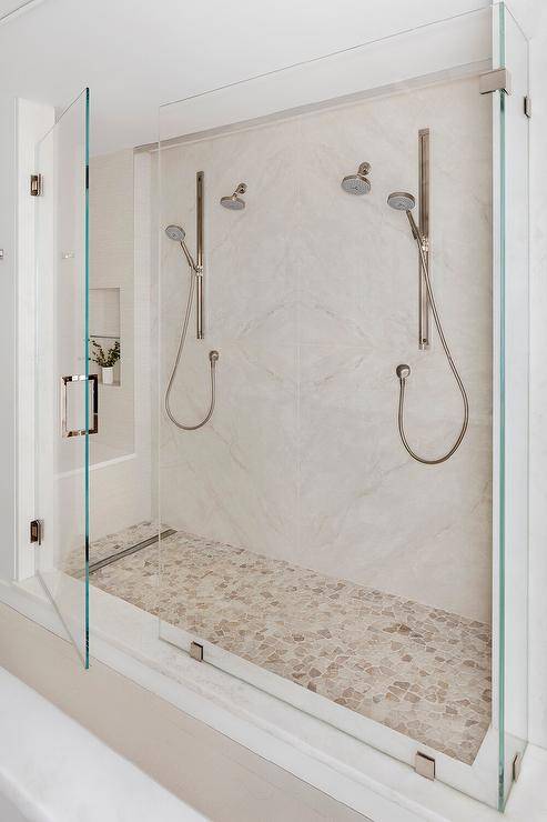 matching double shower kits in walk in shower stone tile floor glass door