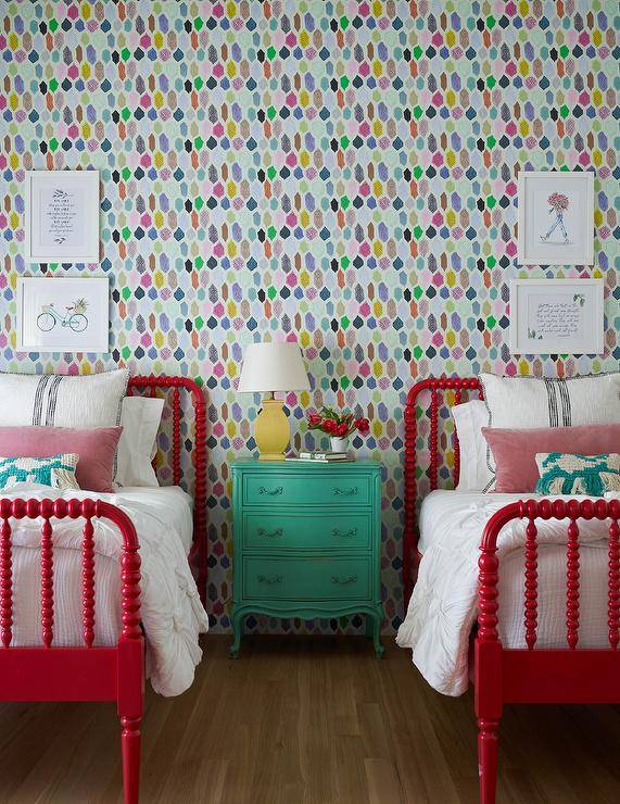 fun unexceptionable colored wall paper red spindle twin beds with untried nightstand