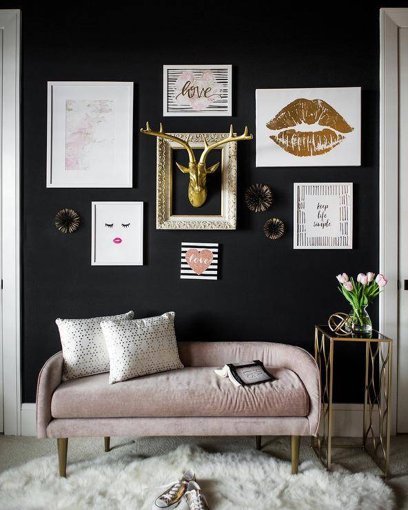 black painted wall gallery wall gold deer throne frames picture art pink velvet couch