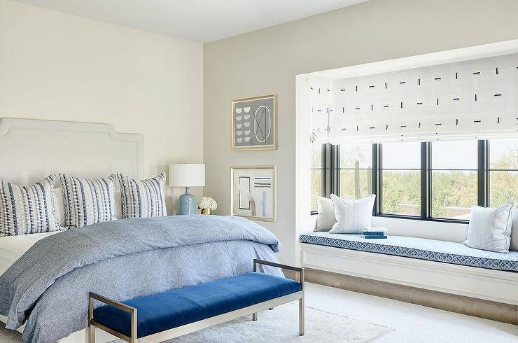 White and Blue Bedroom with Blue Pillows on White French Bed - Traditional  - Bedroom