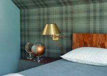 green plaid wallpaper bedroom gold wall sconce bedside lamp