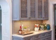 grey blue cabinets with wire mesh