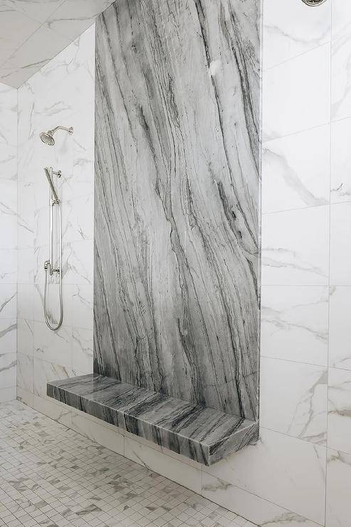 grey marble tile bench in walk in shower with white marble tile chrome shower kit