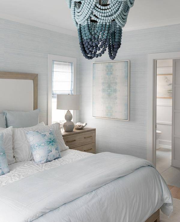grey and blue bedroom with wood beaded blue ombre chandelier white baby blue bedding