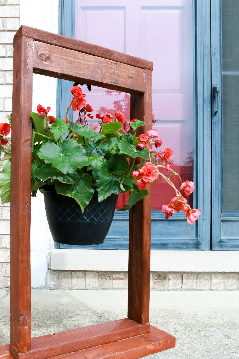 diy handmade wood hanging plant stand with hanging pot stained