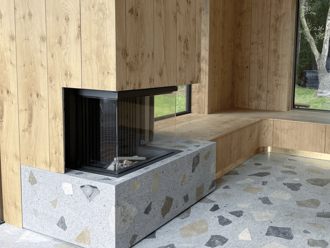 large terrazzo floor and fireplace