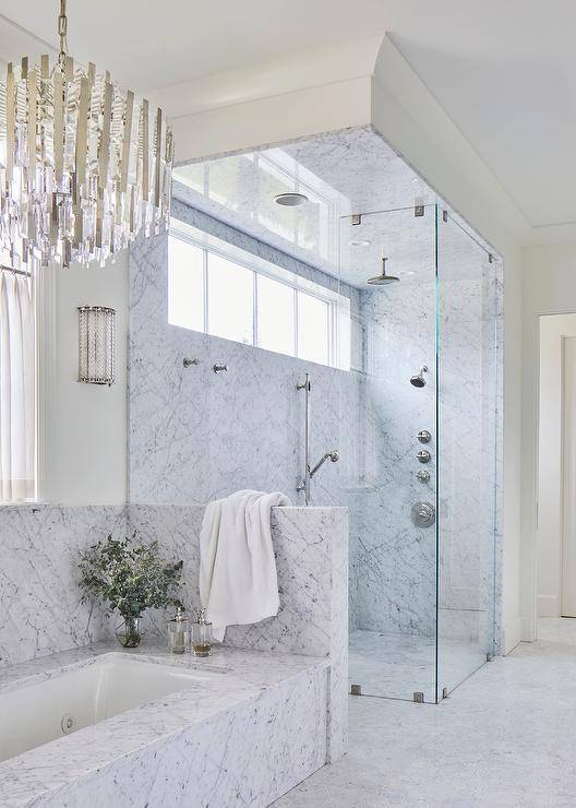 Open Marble Walk In Shower with Skylight - Transitional - Bathroom