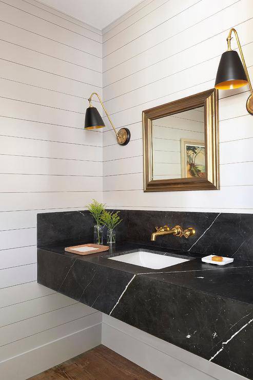 Marble and Brass Sink vanity on Black Vertical Shiplap Wall - Transitional  - Bathroom