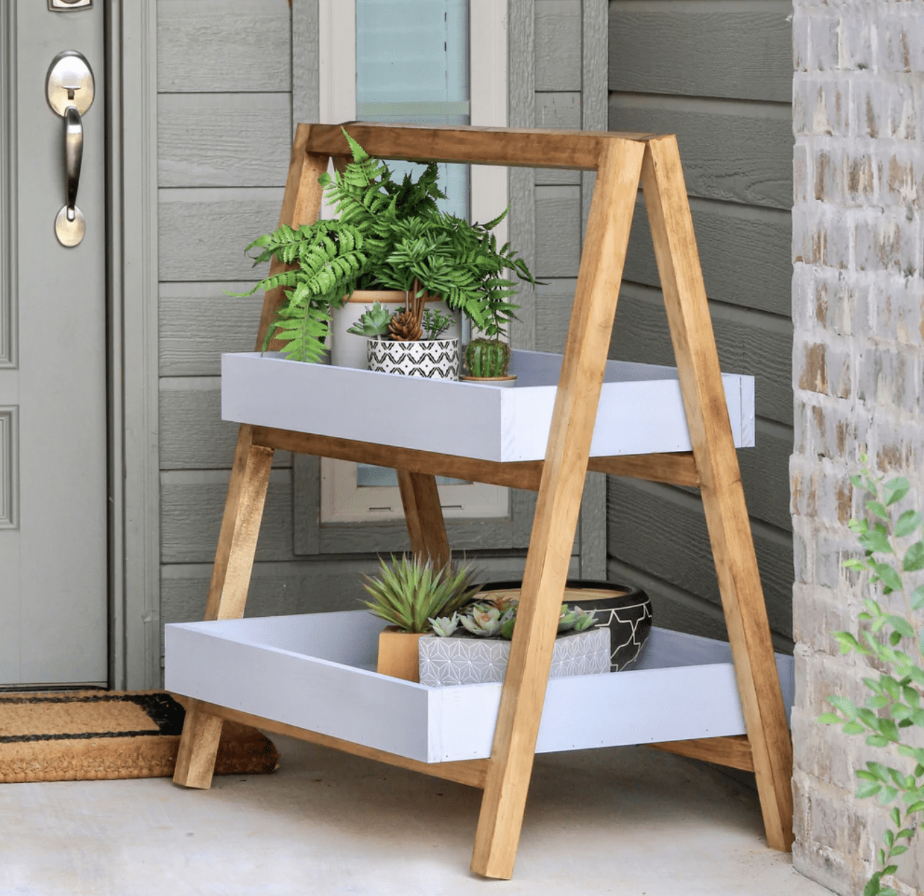 Modern a frame outdoor plant stand with wood