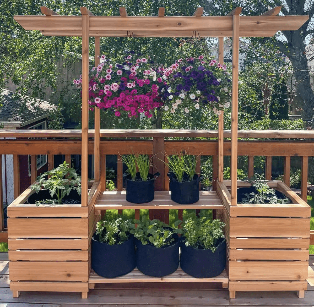 outdoor plant stand made with wood and arbor filled with plants and hanging flowers