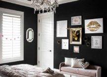 black painted walls in girls bedroom floral ceiling pink velvet couch gallery wall with framed art and gold deer head