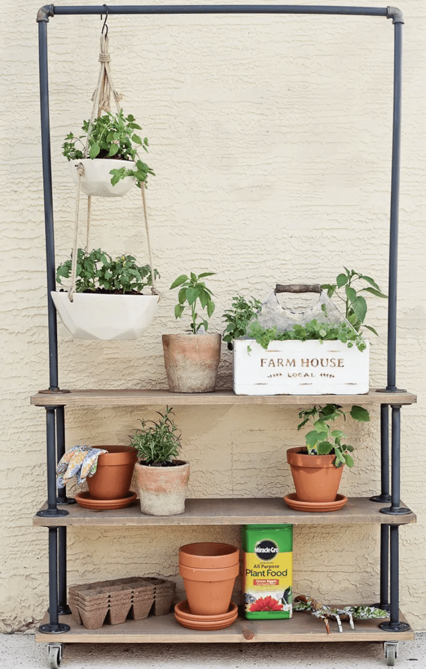 rolling plant shelf outdoor with herbs metal pipe terracotta pots