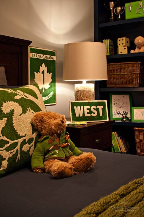 vintage signs bedroom decor teddy on bed green trans canada highway sign