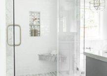 grey marble shower surround walk in with glass doors and corner marble bench