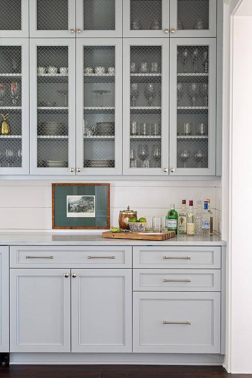 blue cabinet with wire mesh