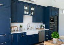 Blue kitchenette with a farm sink and stainless steel dishwasher in a cottage pool house features a split AC system above blue cabinetry.