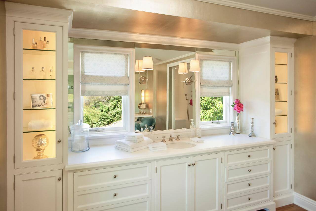 country white bathroom master cabinetry with double vanity and large window