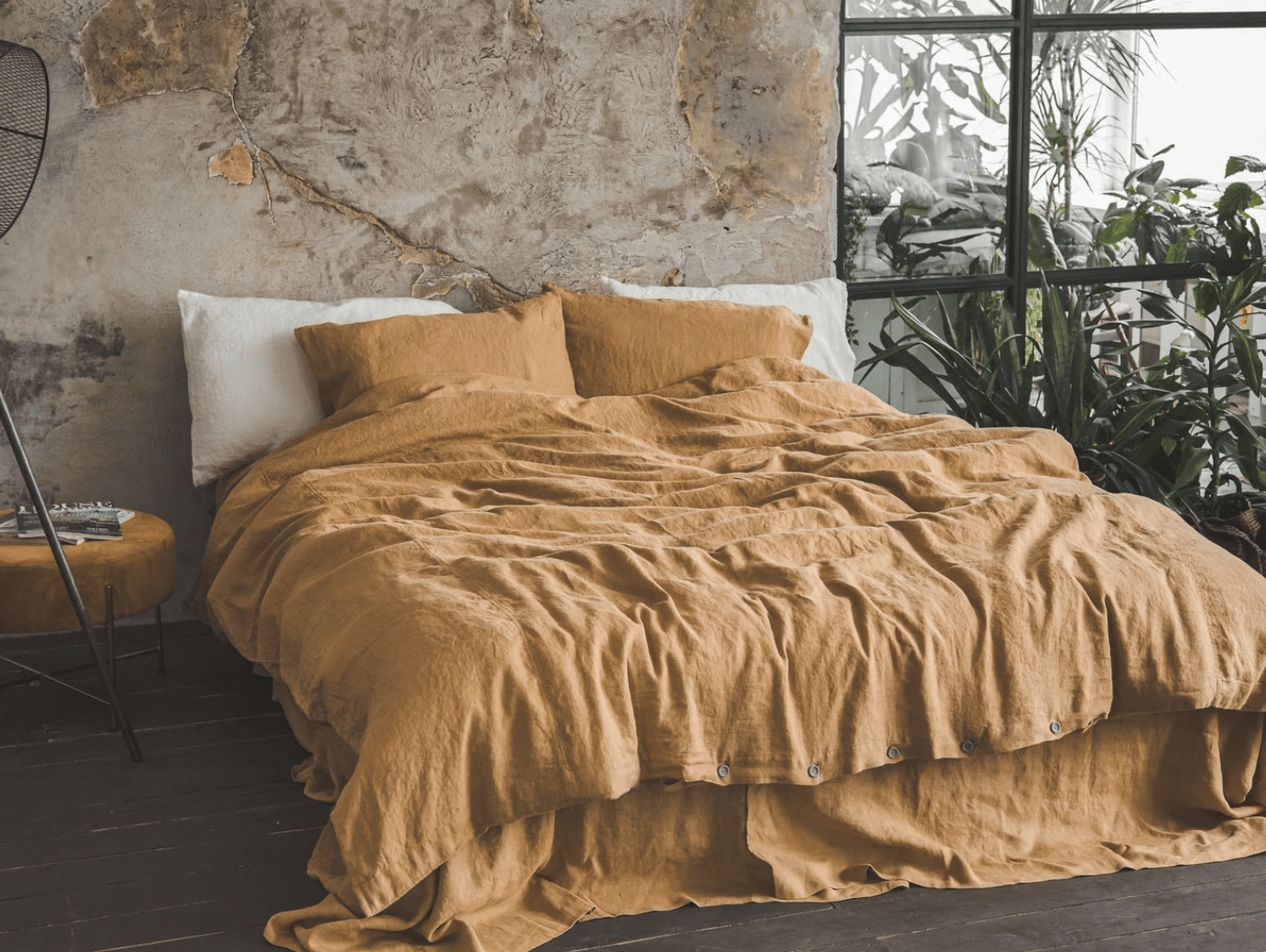 Linen Duvet Cover, Natural Soft Washed Linen Bedding, Bed Linen mustard yellow soft canvas low profile bed with marble background earth tone room