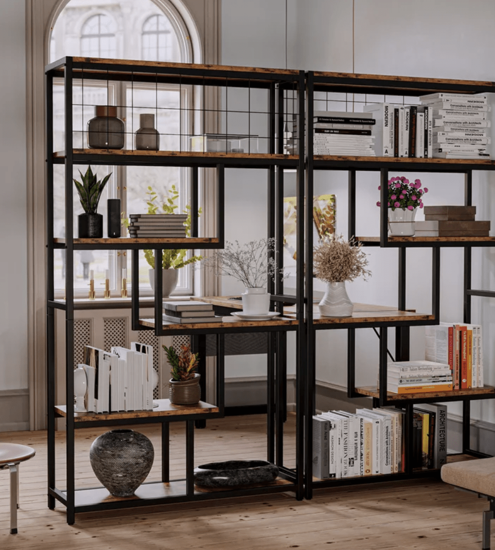 product photo for freestanding shelves open concept with modern decor in open room with arch window