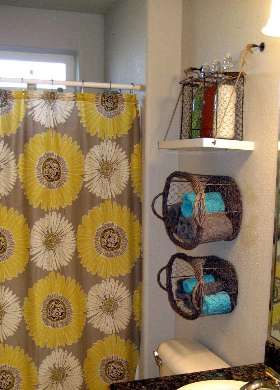 hanging wall basket storage ideas for over the toilet yellow and grey shower curtain with flowers