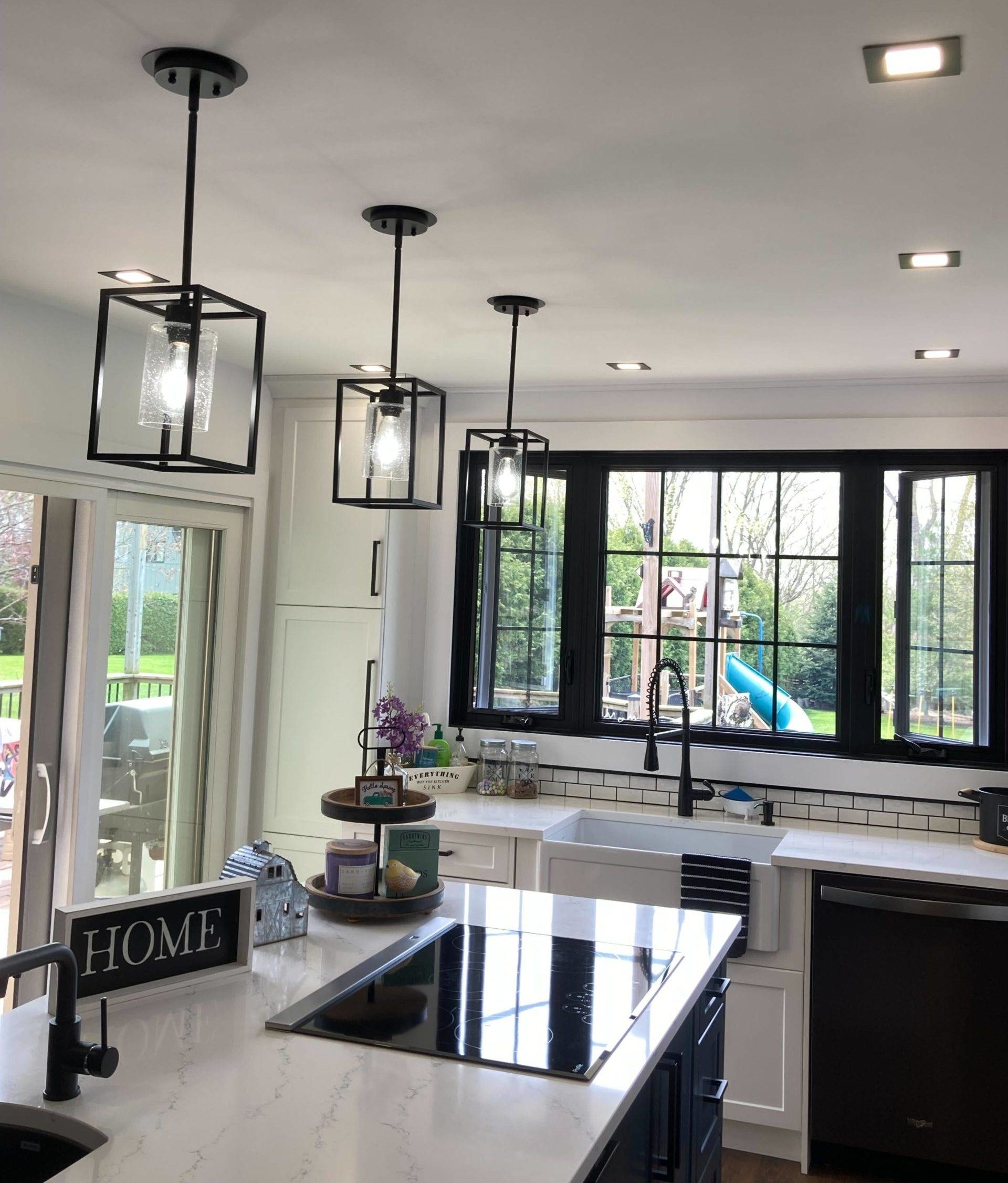 farmhouse style square light fixtures in kitchen