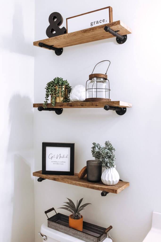 Floating shelves wood-farmhouse shelves-black shelves above toilet