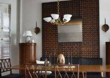 textured trellis wall dining room gold chandelier brown mid century modern table