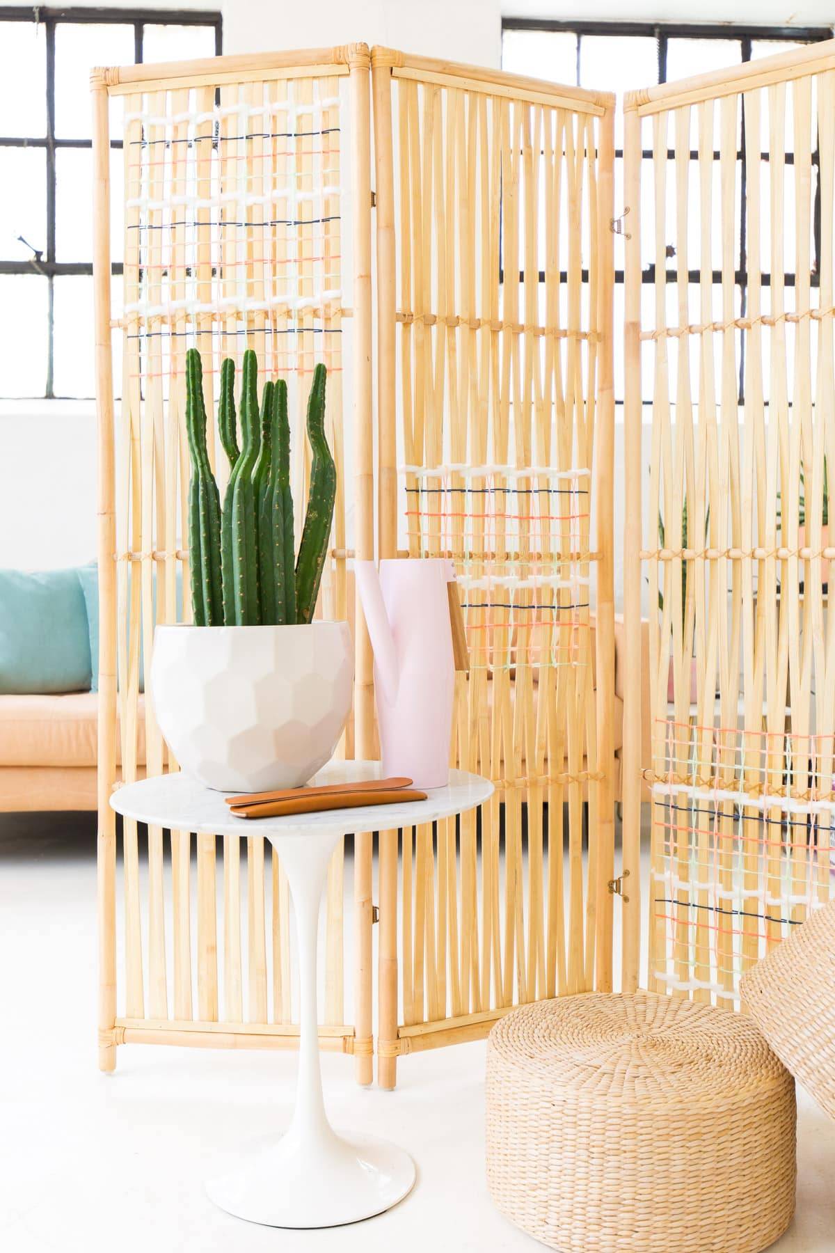 rattan room divider yarn white table with cactus on top just pouf